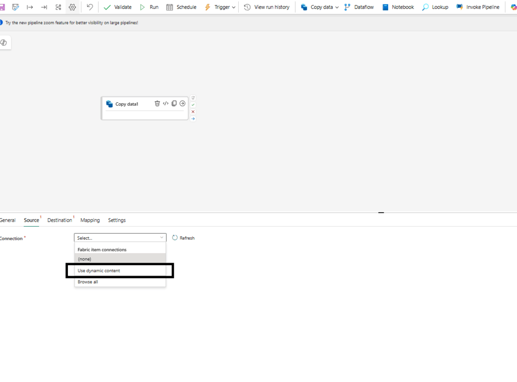 Copy data activity Source tab with the Connection dropdown open and the Use dynamic content option highlighted, used to reference the library variable instead of a fixed connection